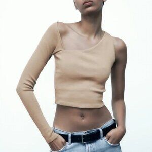 Zara Asymmetrical One Shoulder Tan Crop Top